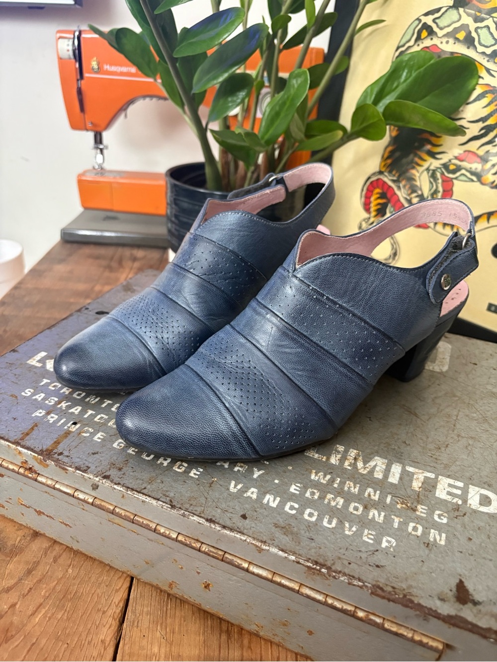 Women's Navy Leather Slingback Mules with Low Heel